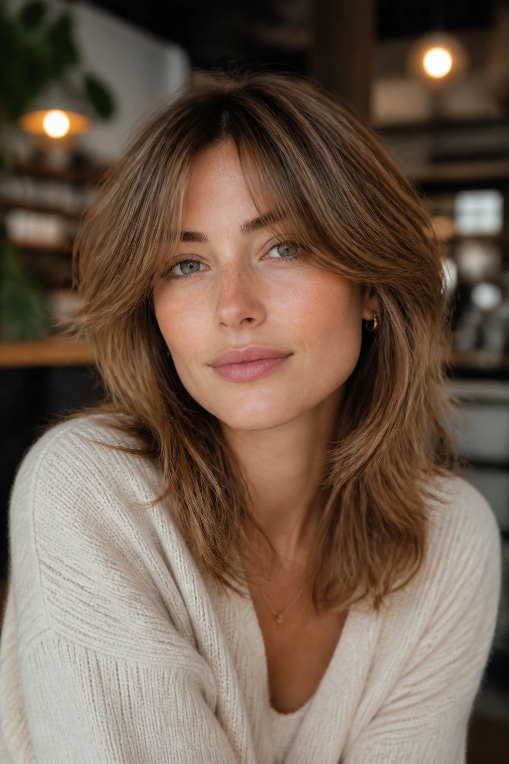 Close-up portrait of a real woman with shag-linked curtain bangs in a cozy cafe