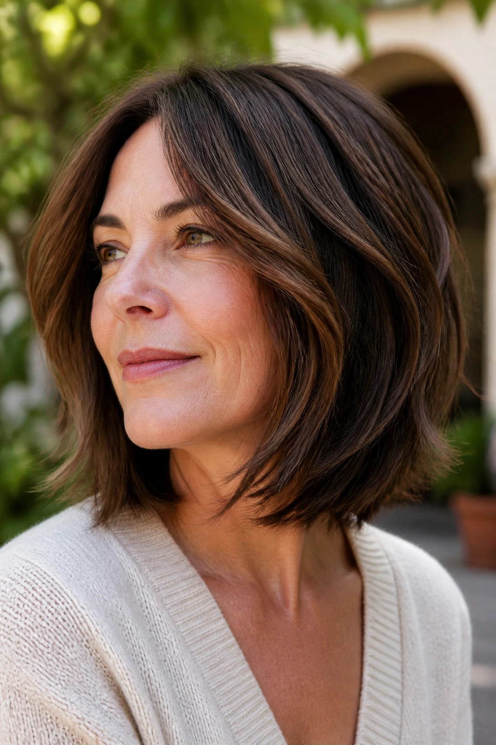 Close-up of a real woman with shag-lite brunette lob showing movement