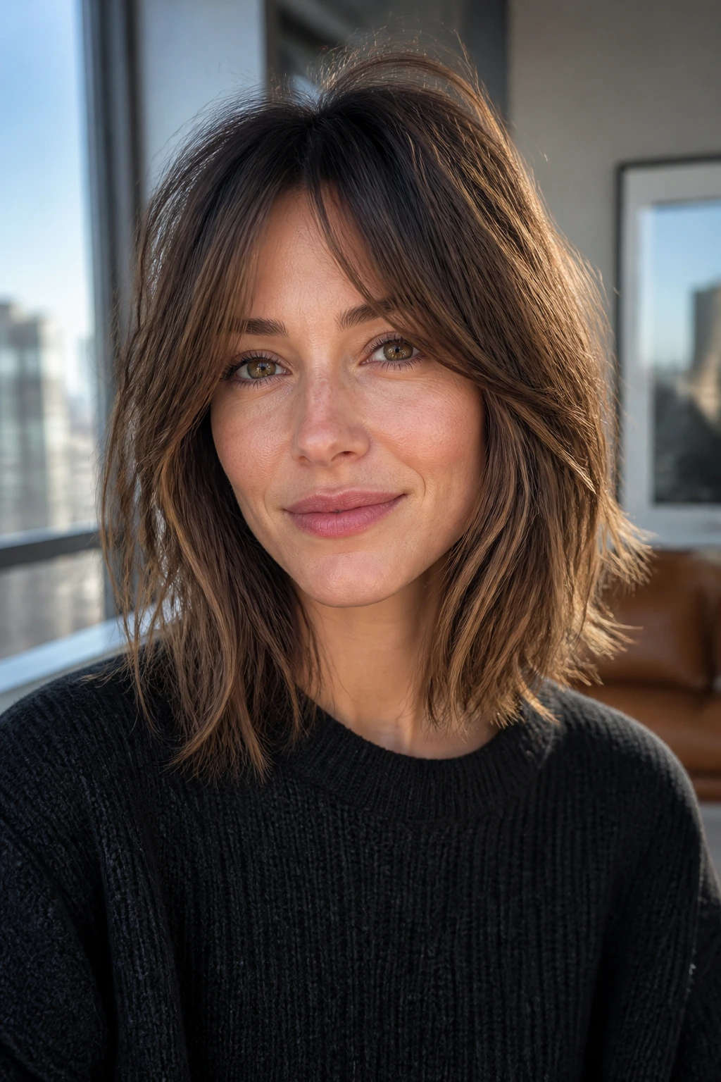 Close-up portrait of a real woman with a shag-lite lob in a stylish apartment
