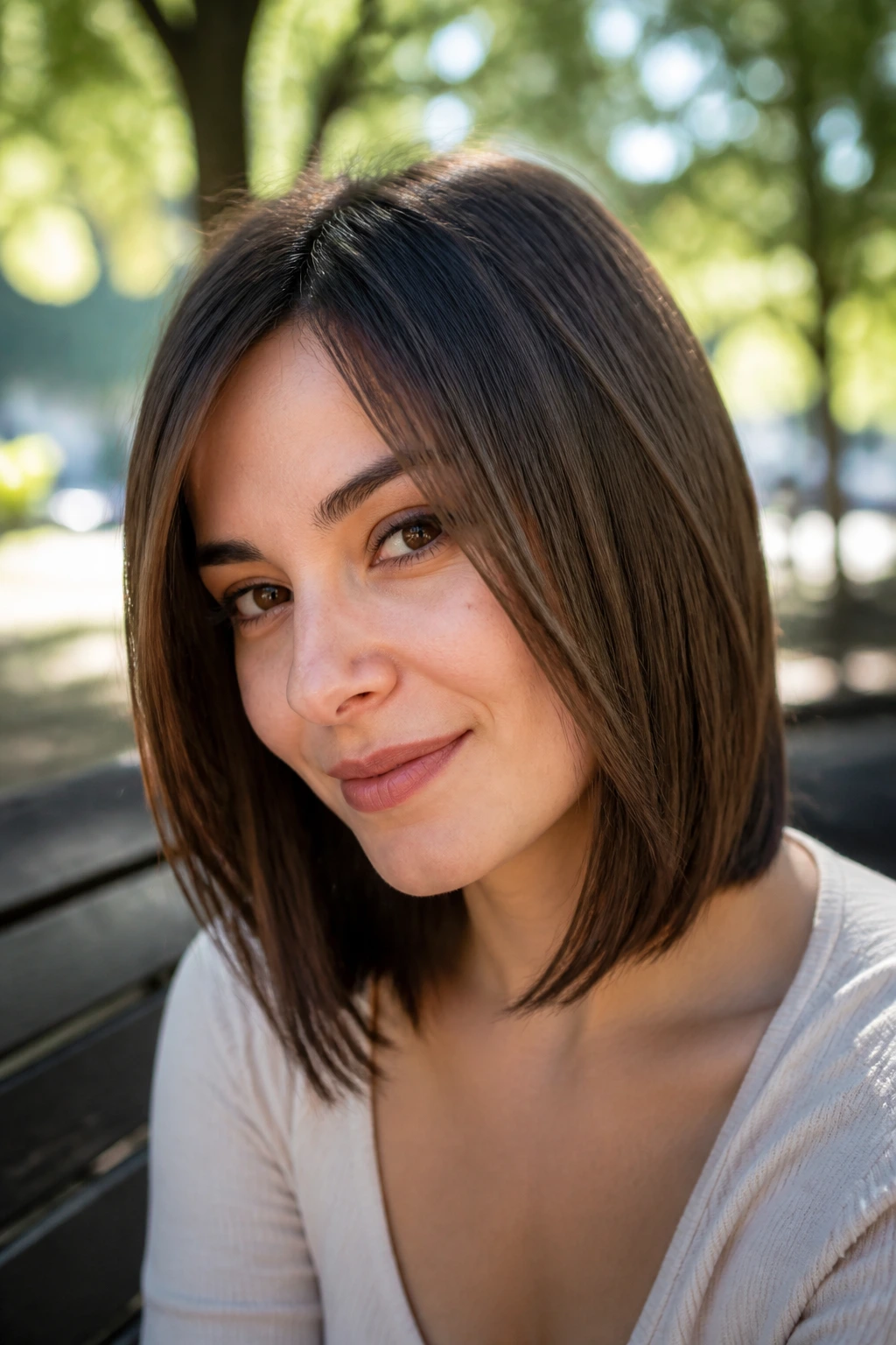 Close-up portrait of a real woman with a shag-lite lob and subtle crown layers in a sunny outdoor setting