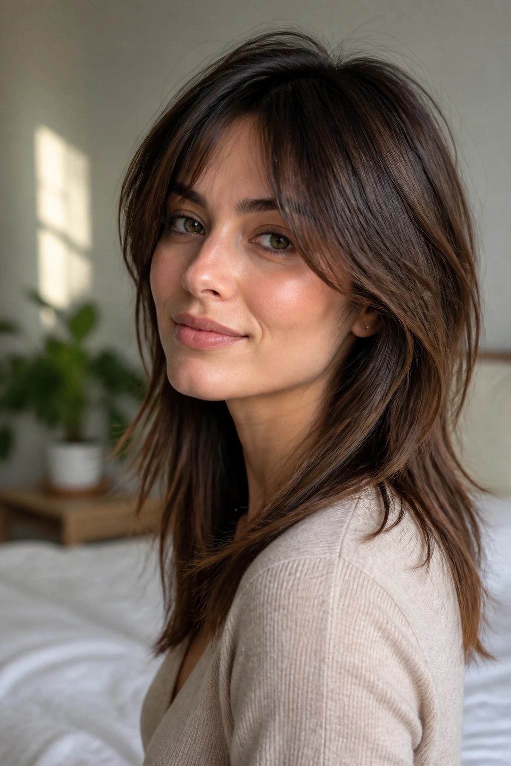 Close-up portrait of a real woman with the Modern Shag-Lite hairstyle featuring face framing layers