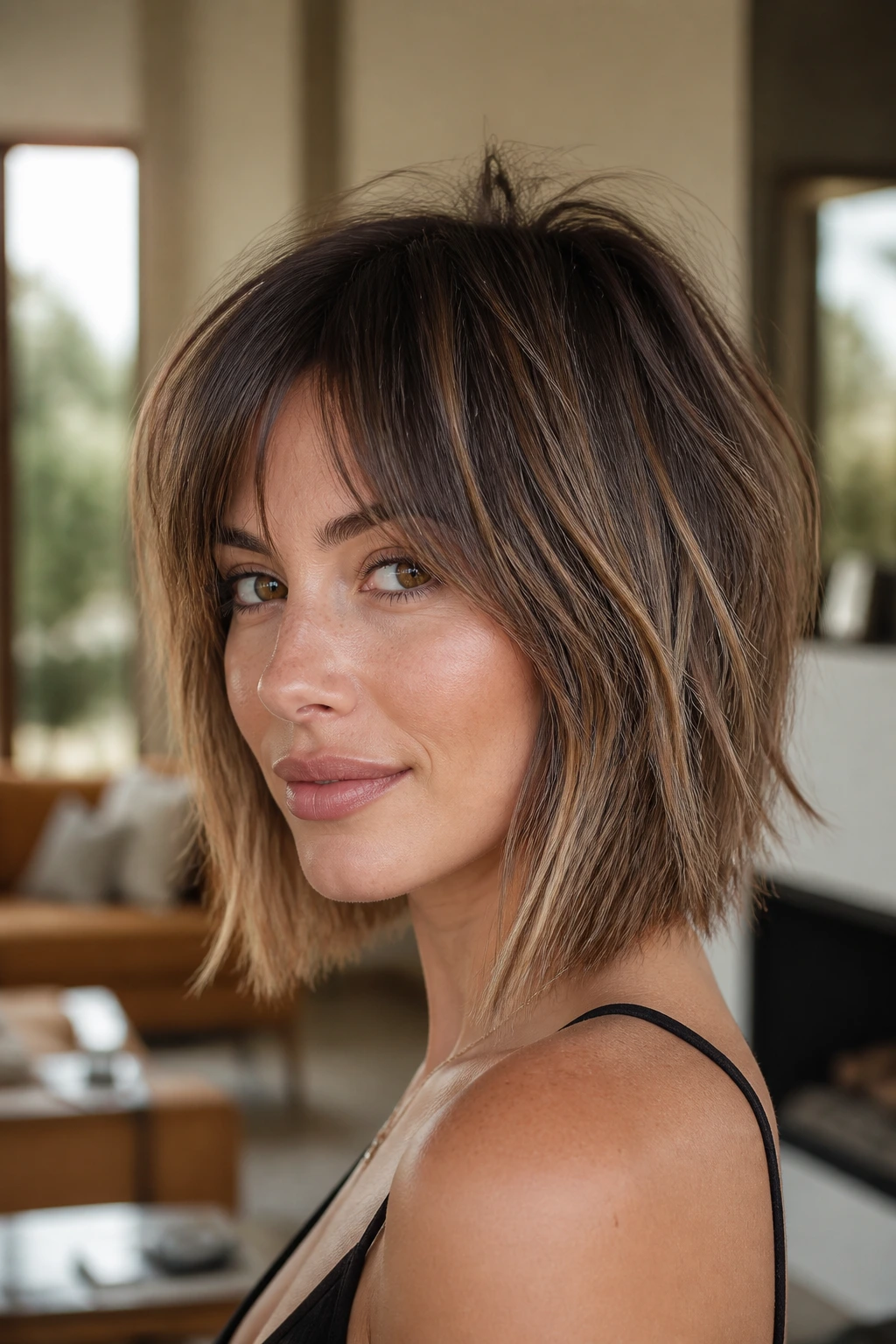 Close-up portrait of a real woman with a shag-inspired lob and crown texture on straight hair.