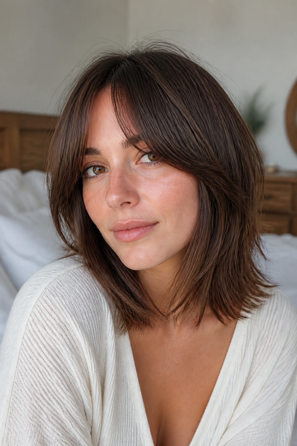 Close-up portrait of a real woman with collarbone-length shag lob and curtain bangs