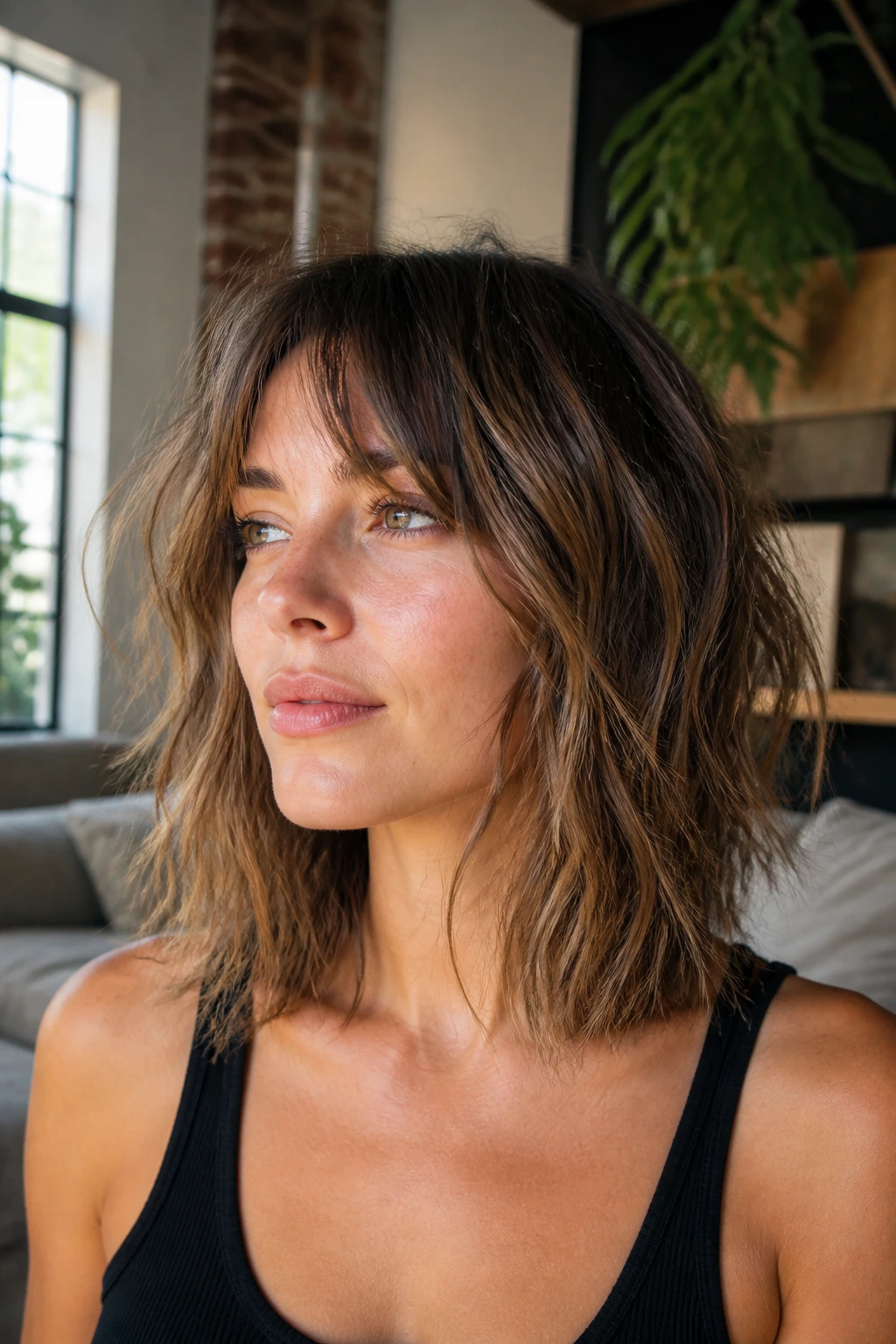 Close-up of a real person with a textured shag lob in a sunlit loft