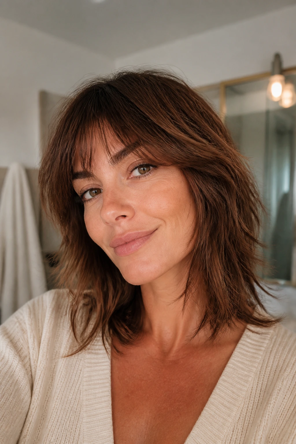Portrait of a person maintaining a medium shag between cuts