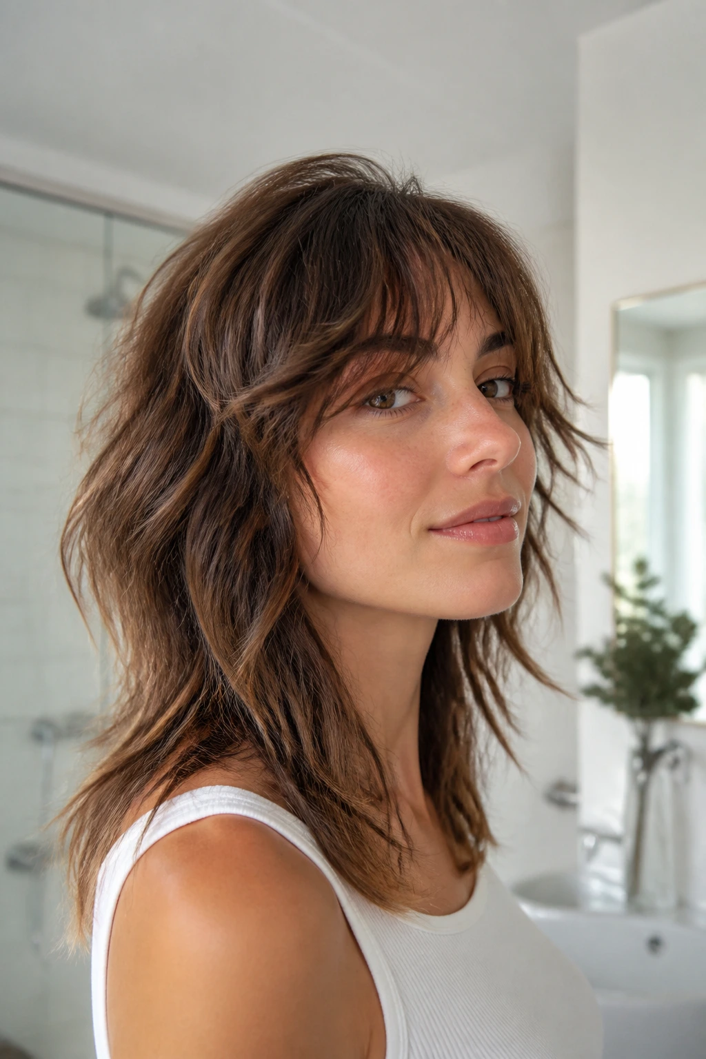 Close-up portrait of a real person with a well-kept shag in a bright bathroom