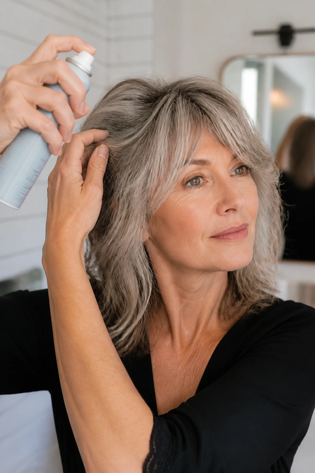 Portrait of a woman over 50 with shag maintaining roots using dry shampoo in a bright bathroom