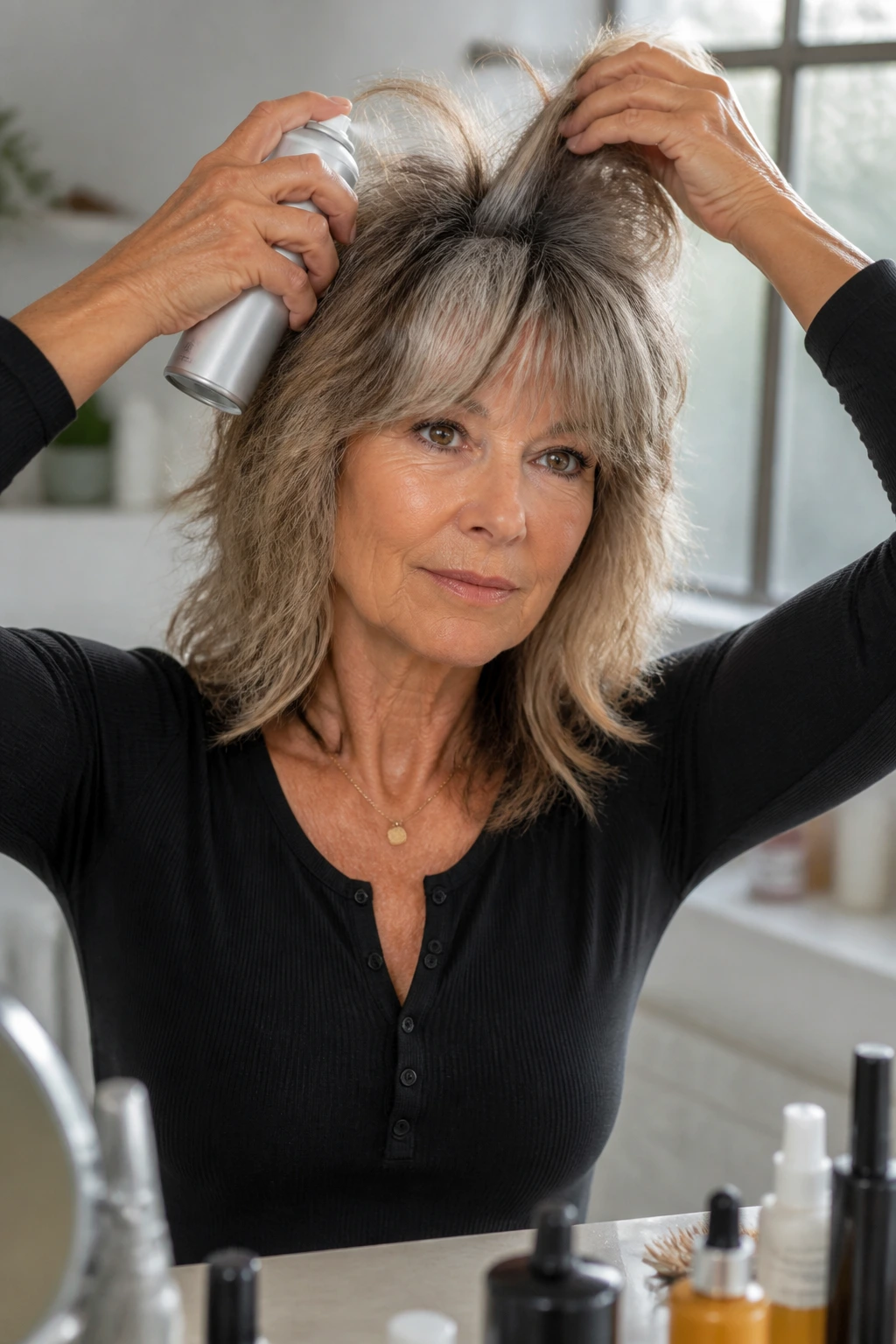 Real woman applying dry shampoo at bathroom vanity to refresh shag between visits