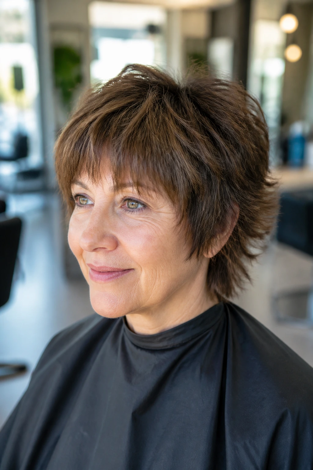 Portrait of a real woman with short shaggy brown hair showing fringe, crown lift, and neat ends in a salon setting