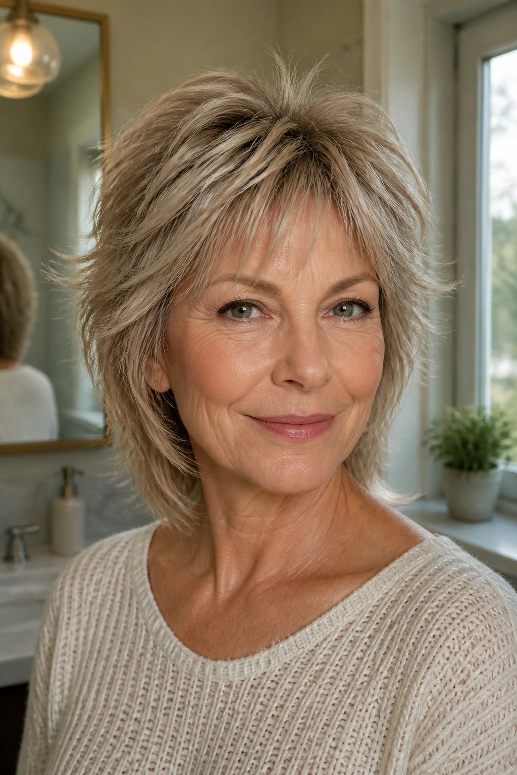 Older woman maintaining shag shape with defined crown and layers
