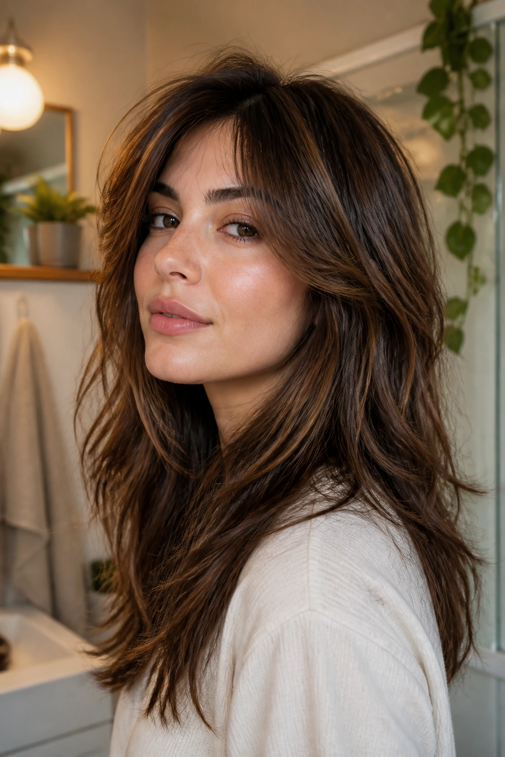 Portrait of a real woman with refreshed layers in a thick shag during home care