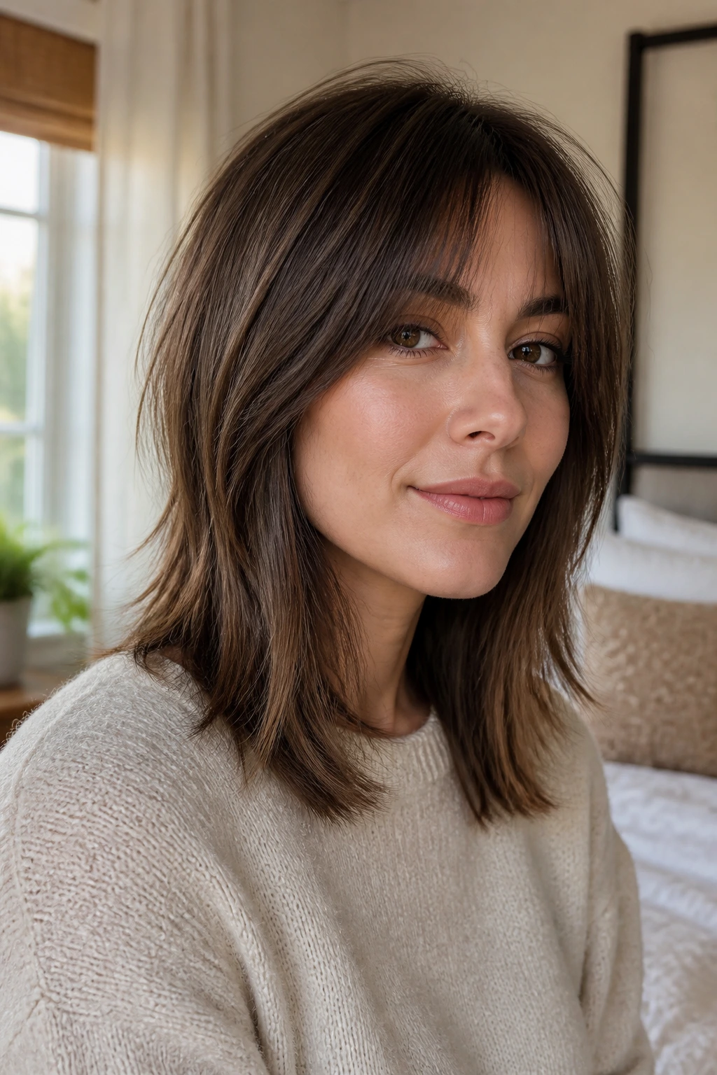 Close-up of a real woman with a medium-length straight shag showing maintained shape between salon visits in a warm bedroom setting