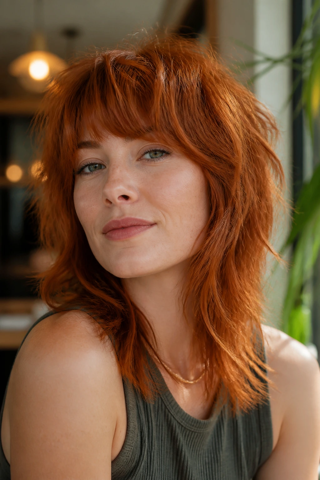 Close-up portrait of a real woman with a freshly trimmed shag showing crisp fringe and layered top in warm window light