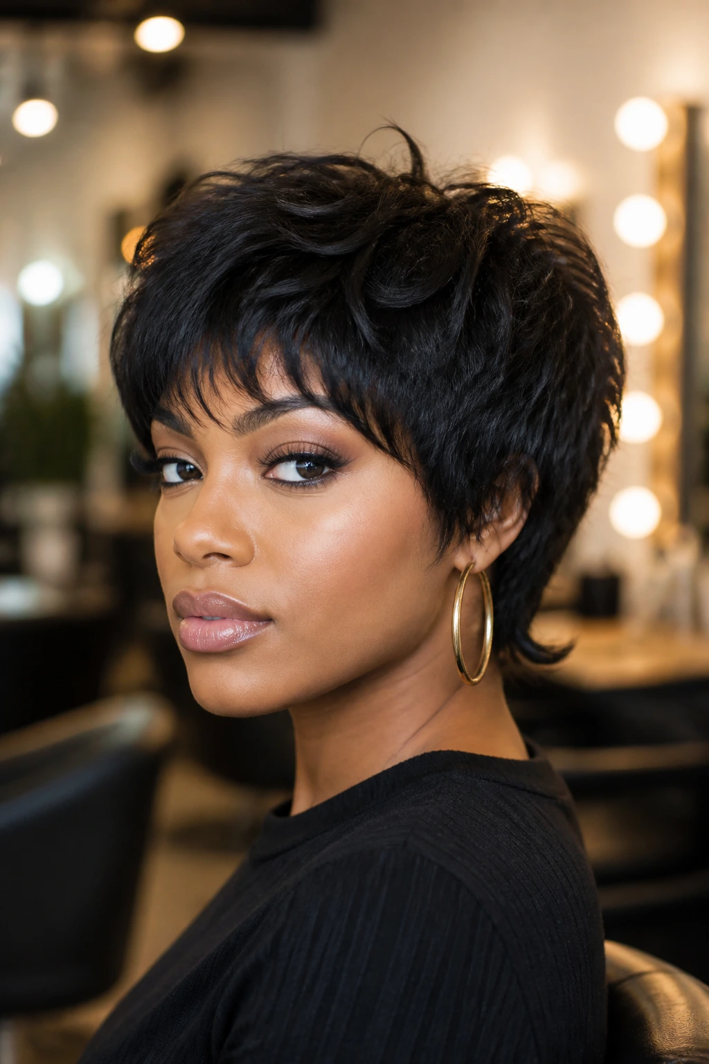 Close-up of a real Black woman with a short shag showing crisp fringe and defined nape
