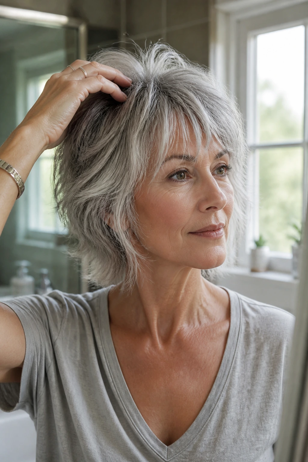 Close-up portrait of an older woman with a silver shag haircut in a sunlit bathroom.