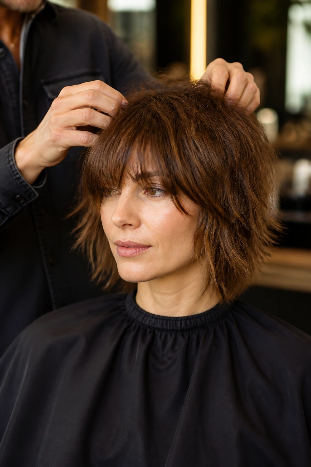 Client in a salon chair during a trim focused on bangs and crown maintenance.