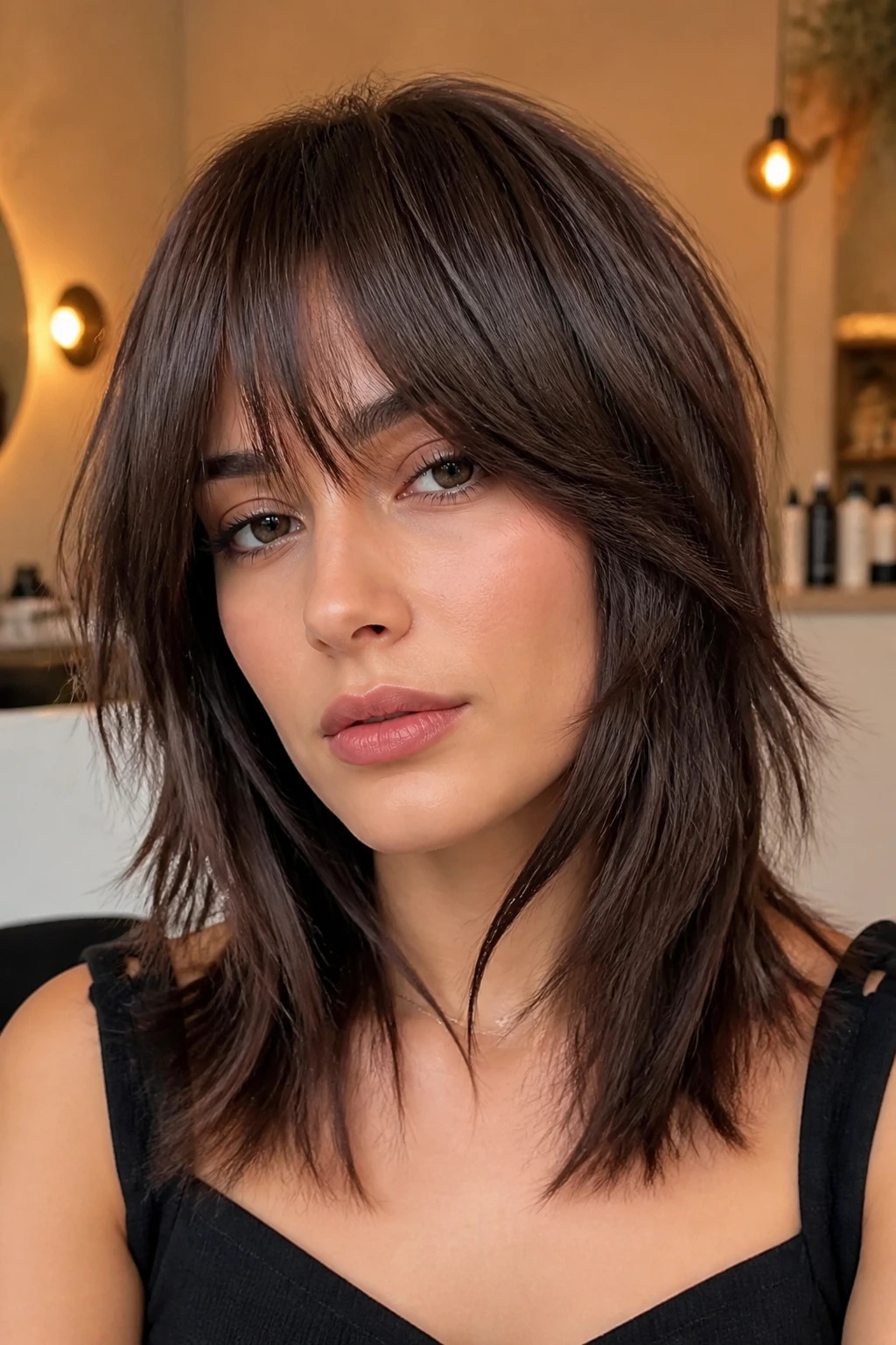Real person with a well-defined straight-hair shag between trims, shown in warm light.