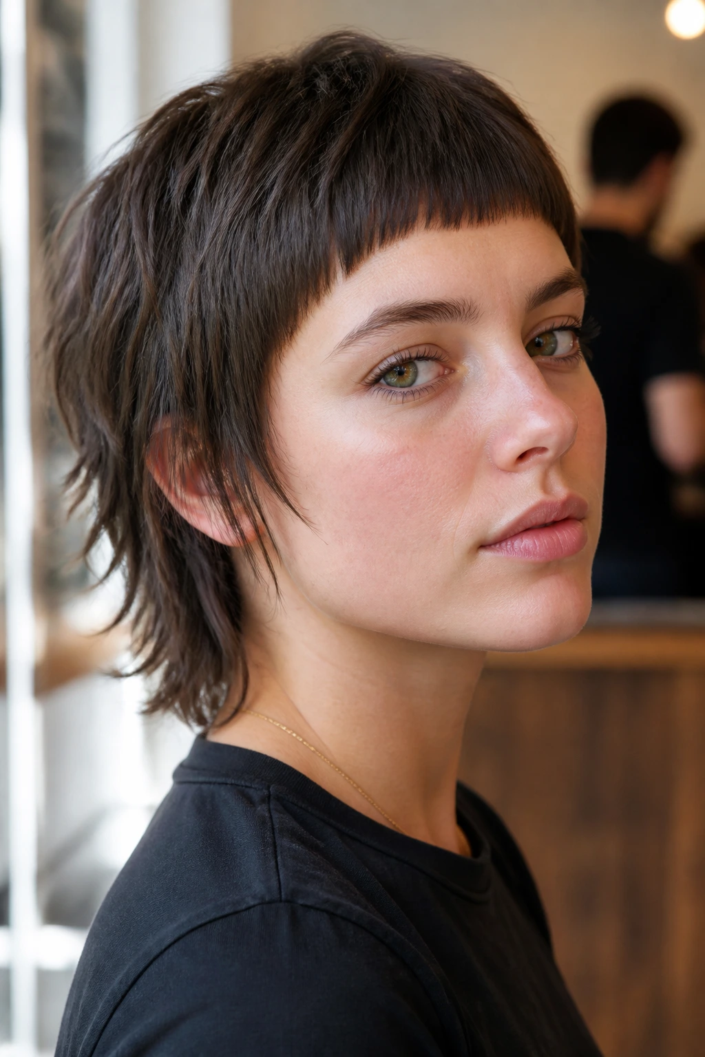 Close-up portrait of a real person with a clean-cut shag and micro fringe