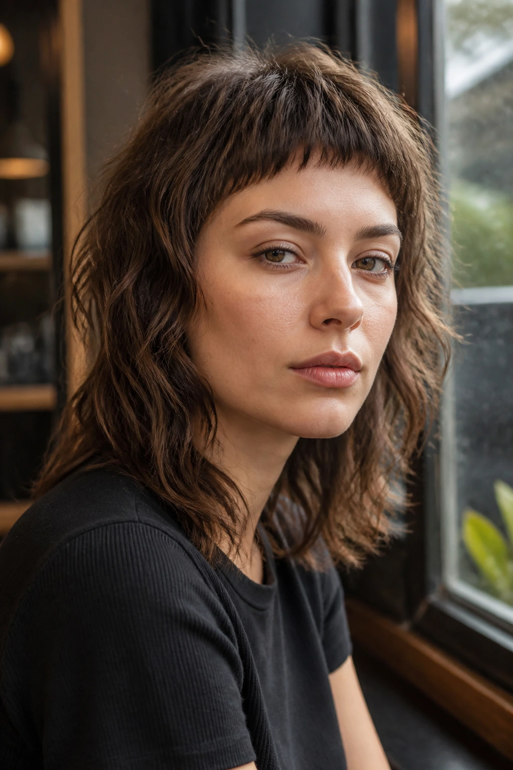 Close-up of a real woman with micro-fringe shag and soft waves