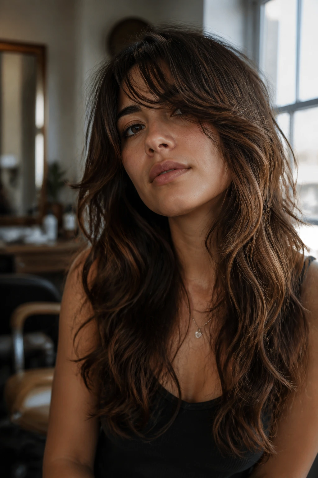 Portrait of a person with long shag hair showing subtle fringe and face-frame tweaks.