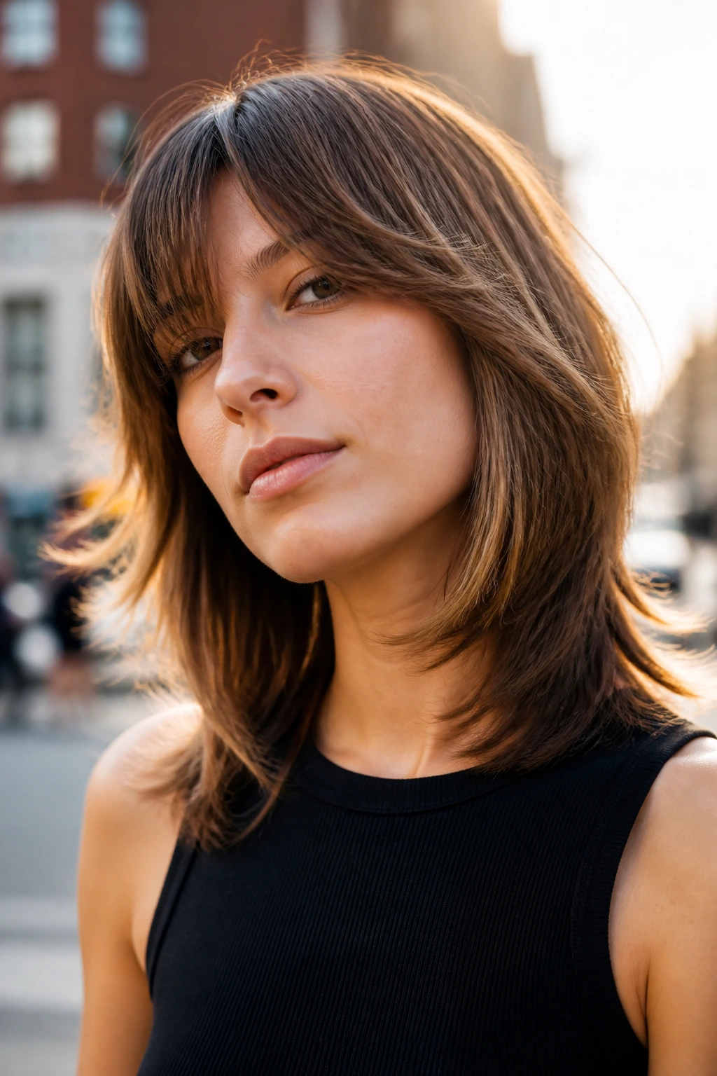 Close-up of a real woman with a medium-length straight shag showing movement and end-separation in golden-hour light