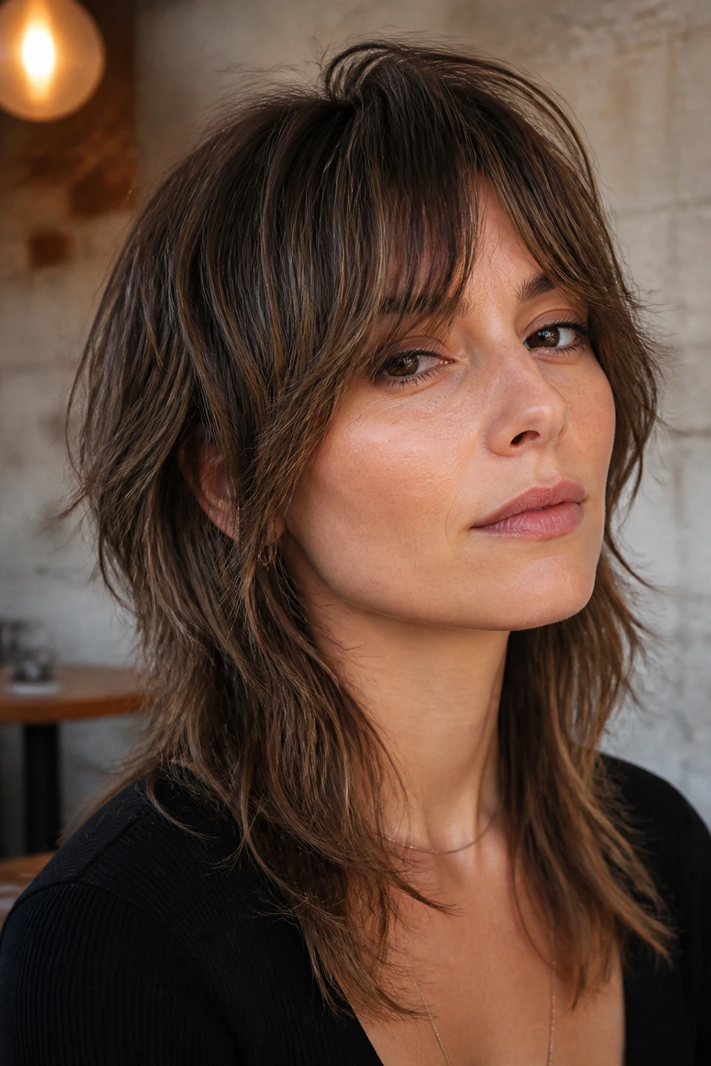 Portrait of a real woman with a shag mullet and bottleneck bangs