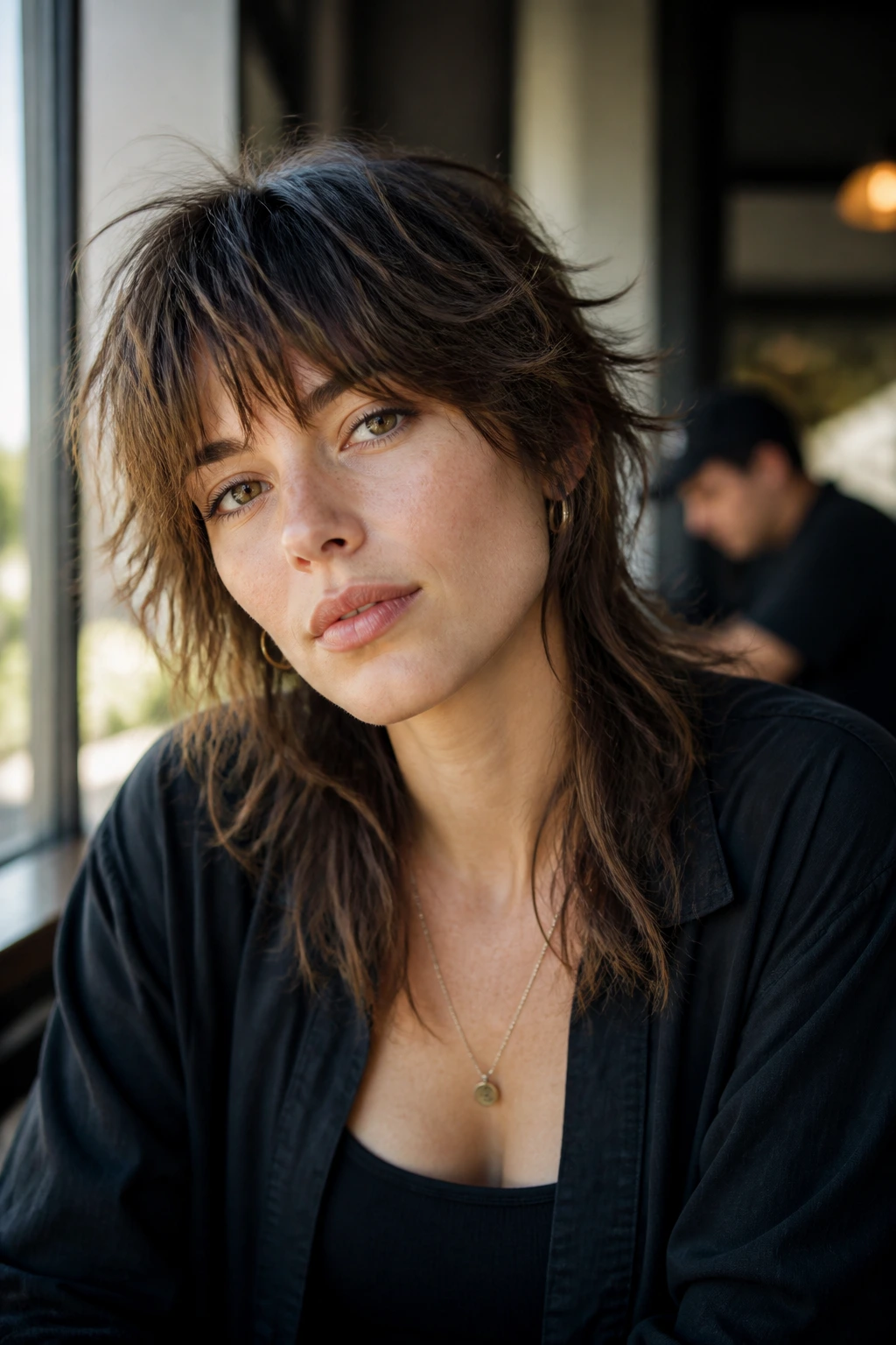Portrait of a real woman with shag mullet wearing the shape in an everyday cafe setting.
