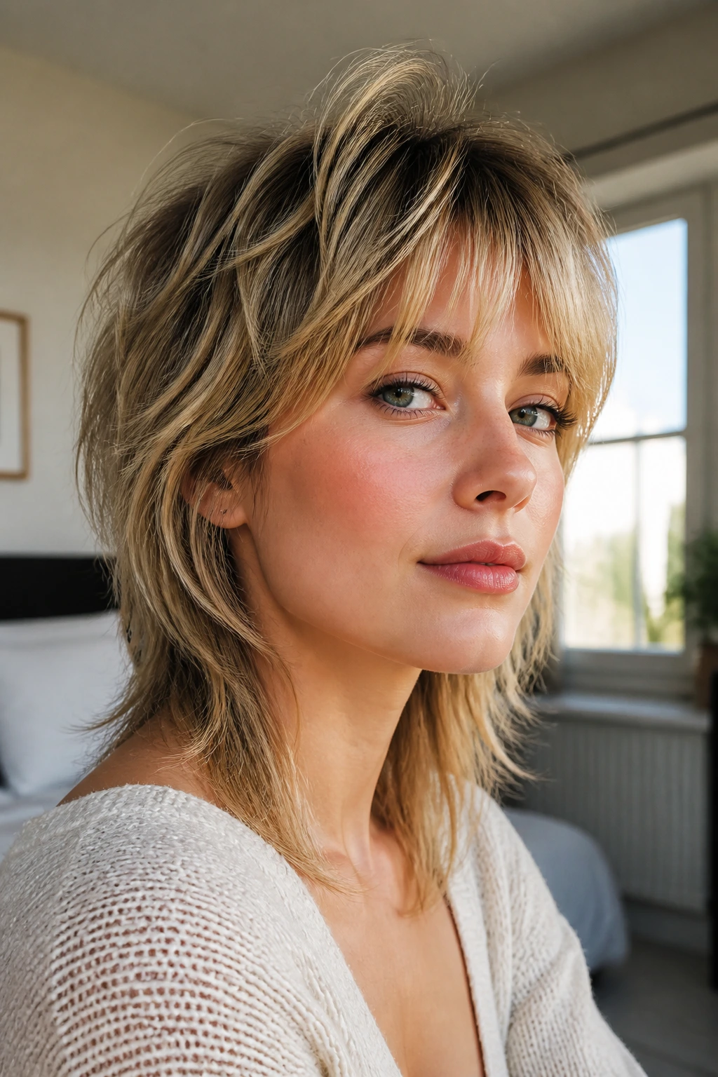 Close-up portrait of a real woman with shag mullet on fine hair showing lifted crown and soft ends in sunlit room