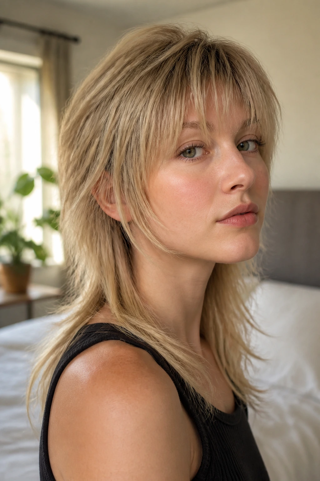Close-up of real woman with shag mullet for fine straight hair