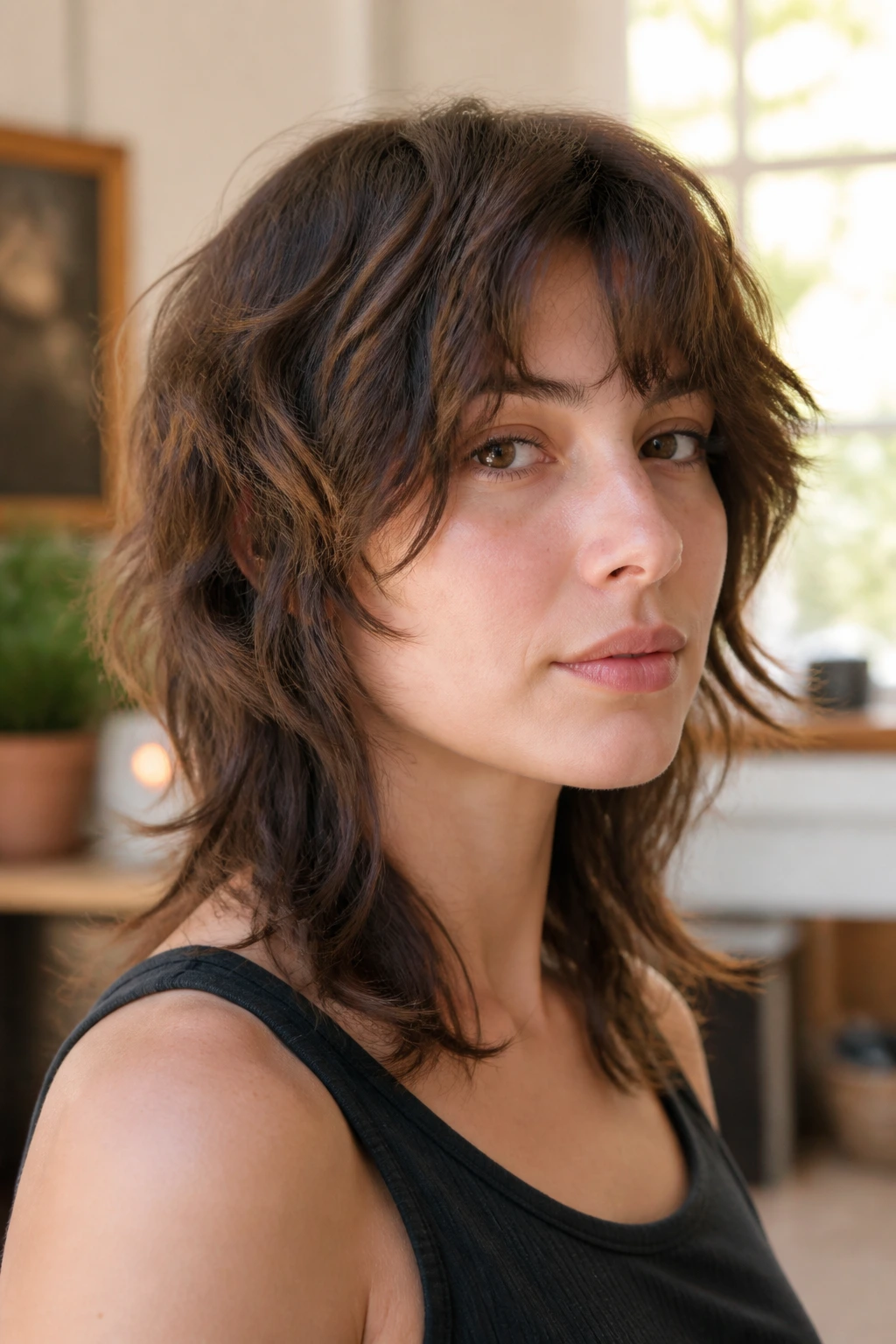 Close-up portrait of a real person with shag mullet for fine wavy hair, natural waves and weight at the ends