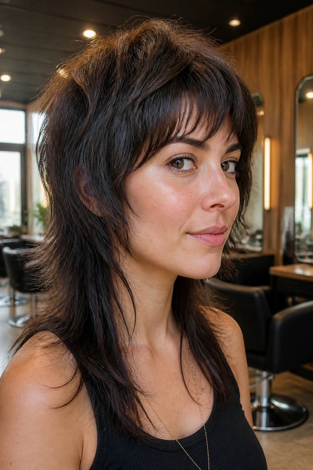 Close-up portrait of real woman with Shag Mullet with Invisible Layers in salon lighting