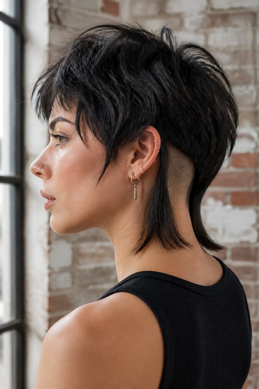 Side-profile portrait of woman with shag mullet and visible nape cutout