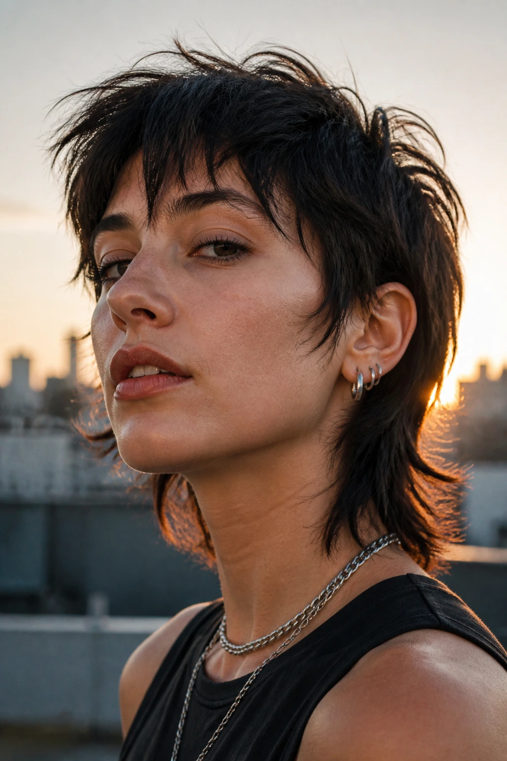 Close-up of a real woman with shag-mullet pixie against urban golden-hour light
