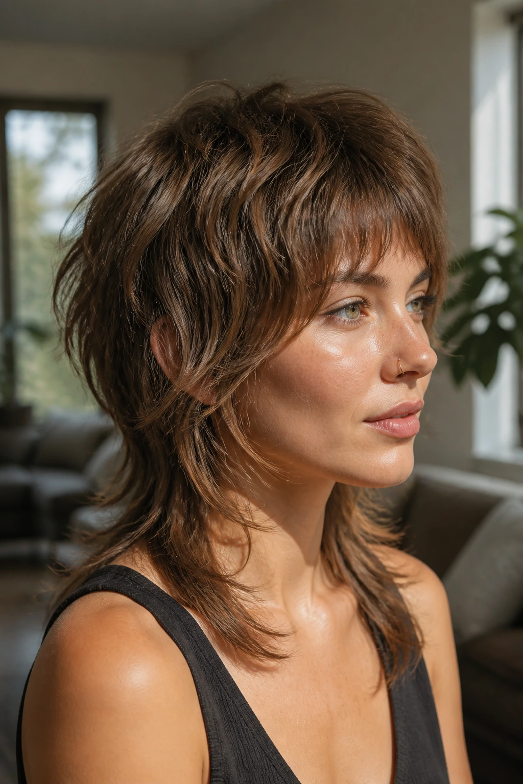 Close-up of a real woman with shag mullet hairstyle in warm natural light