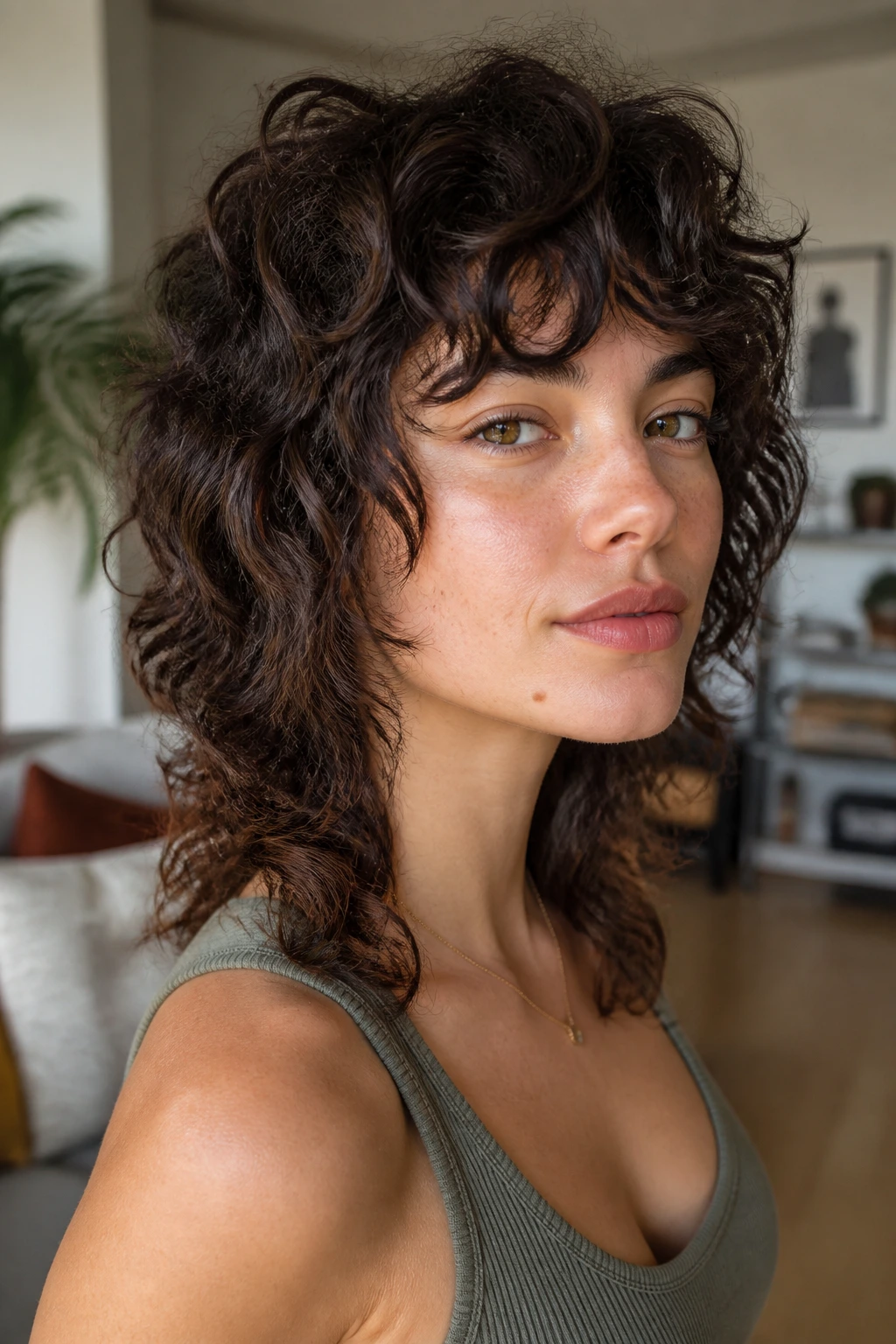 Portrait of a real person with curly-friendly shag mullet showing curl texture.