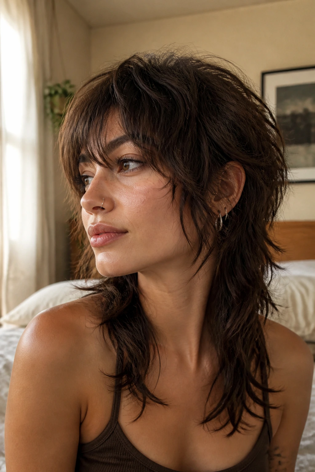 Close-up of real woman with shag-mullet wolf cut under soft window light