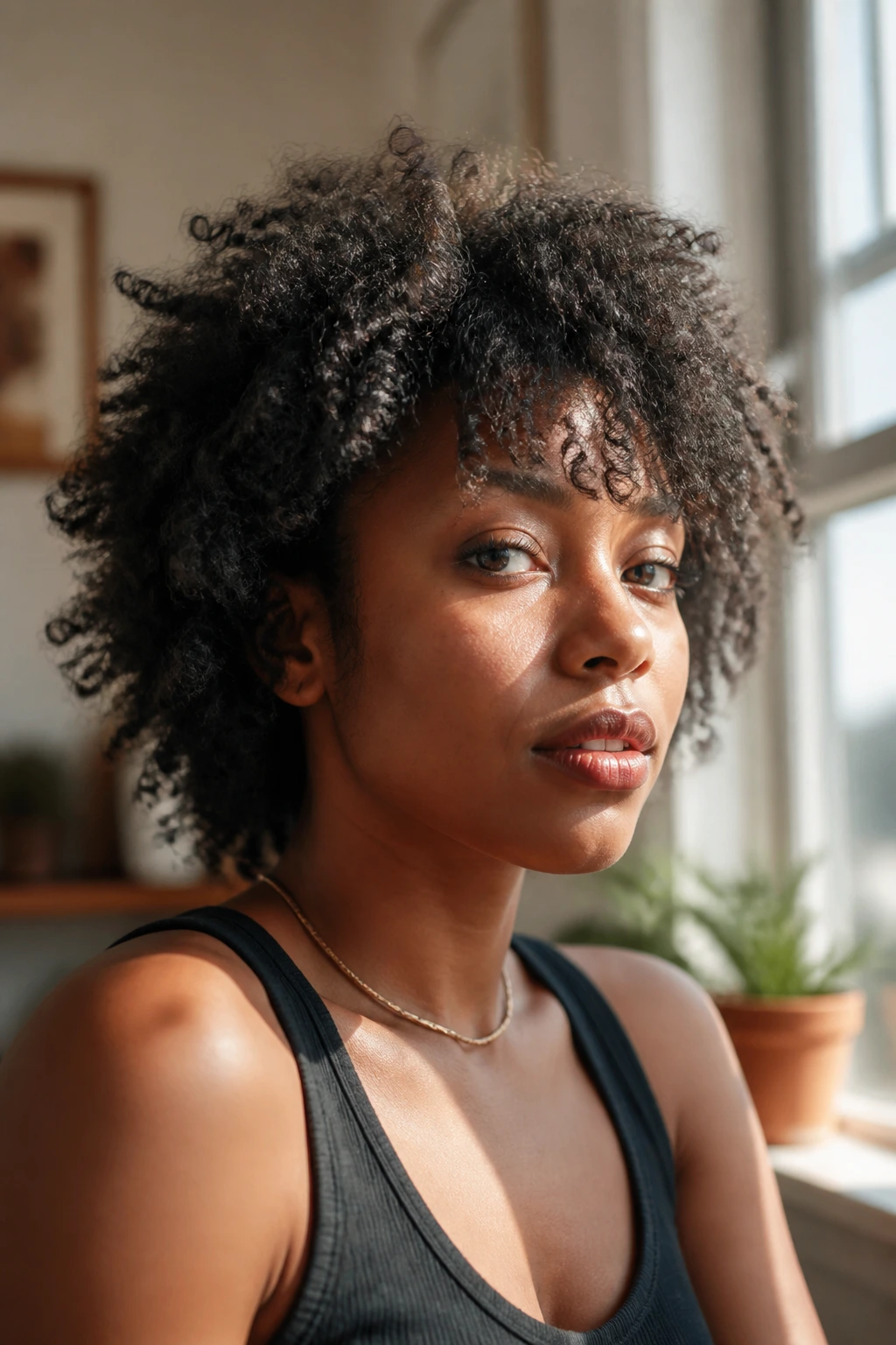 Portrait of a Black person with shag on natural hair showing texture and crown lift.