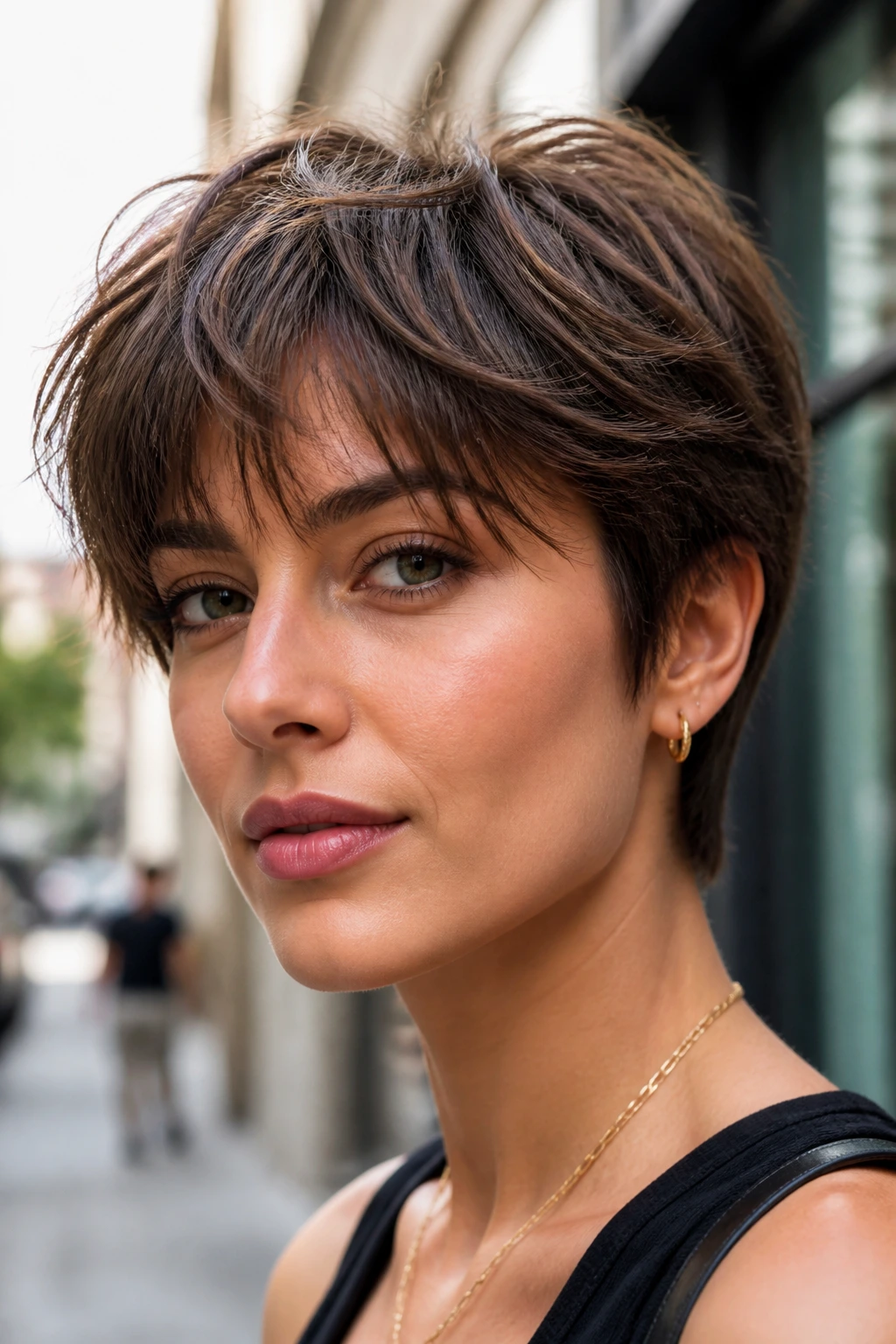 Close-up portrait of a real woman with a shag pixie and airy fringe in urban daylight