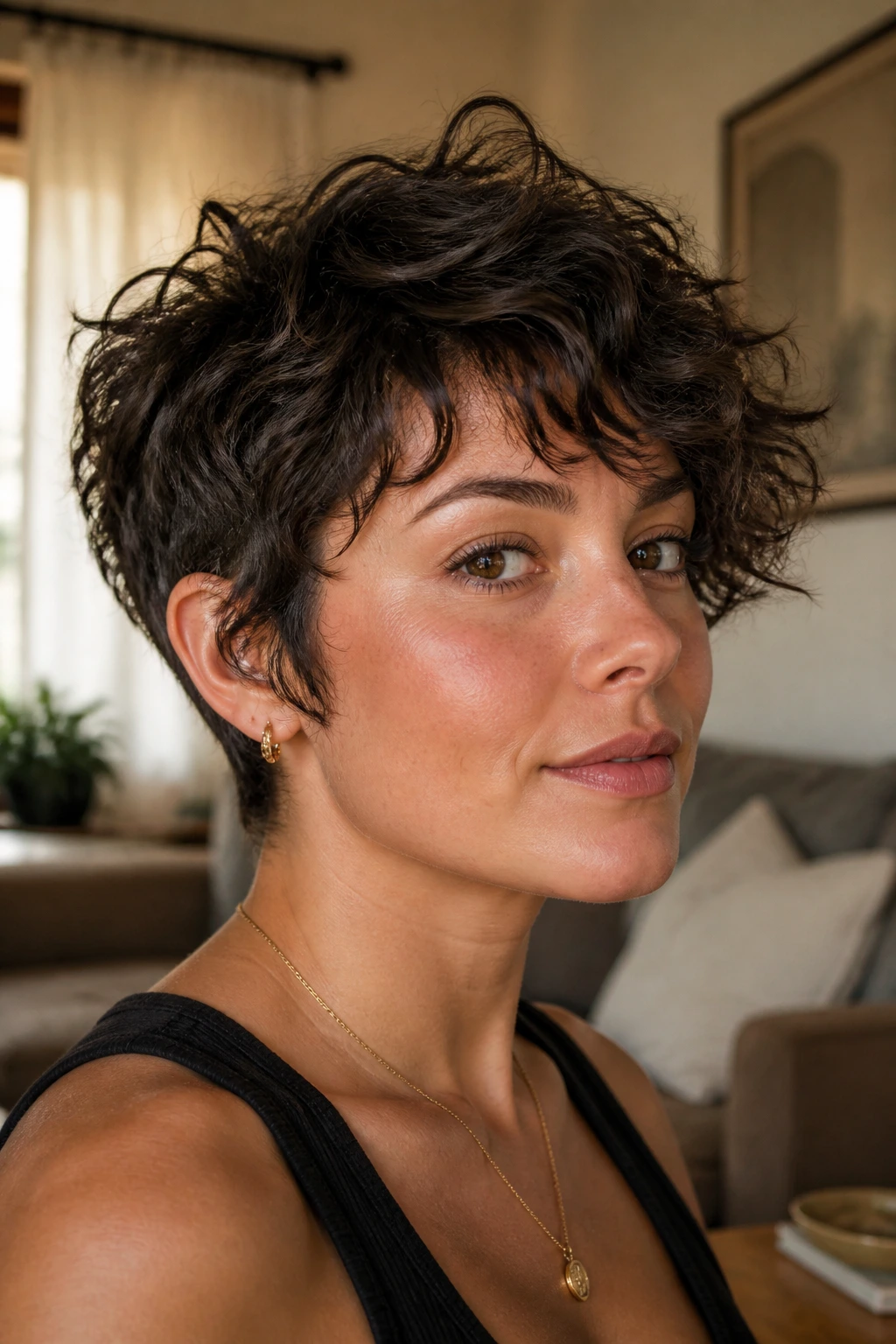 Close-up of a real woman with a shag-pixie hybrid hairstyle featuring feathered layers and a lifted crown in warm window light.
