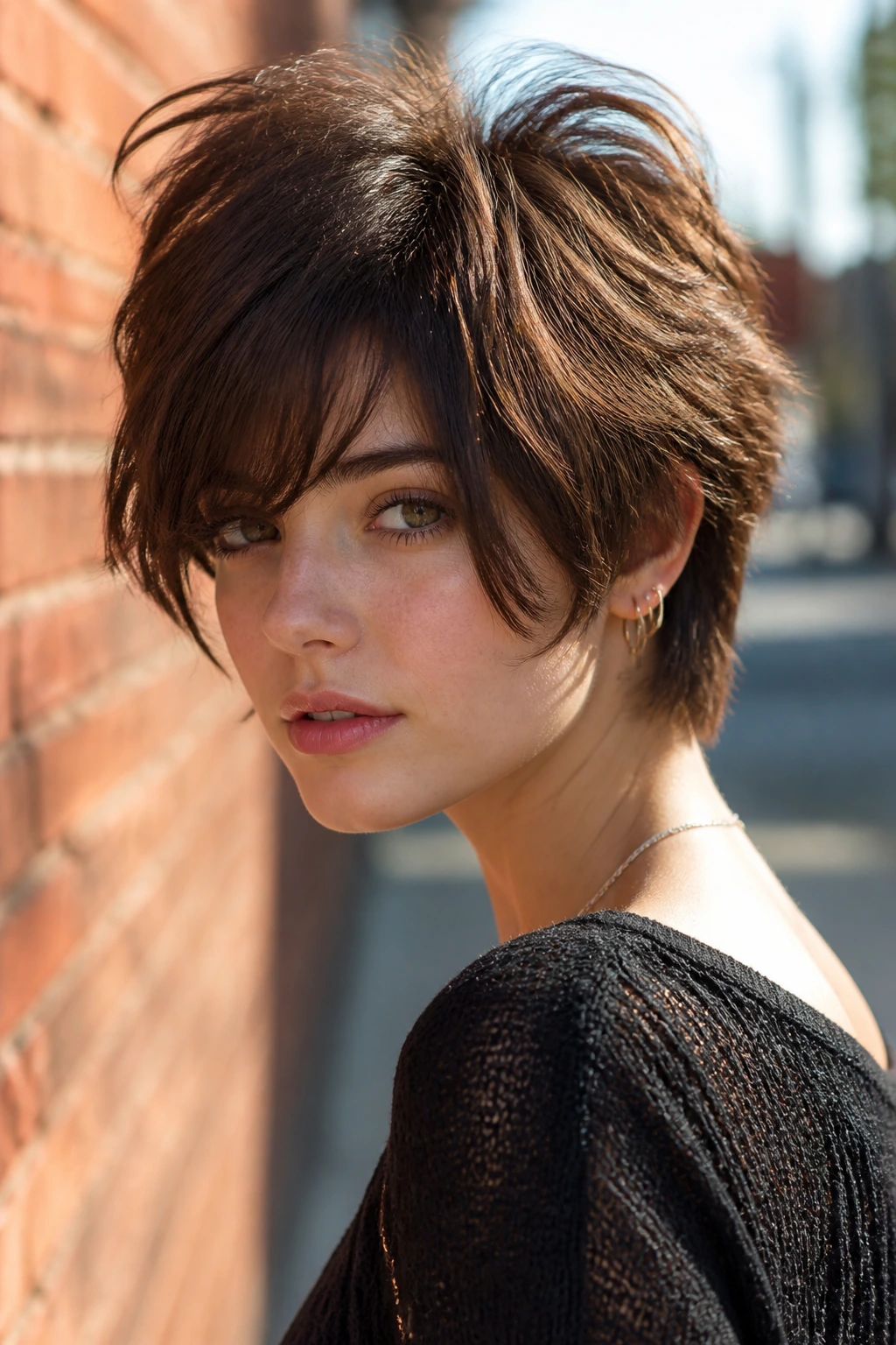 Portrait of a person with a fluffy shag pixie and long bangs in an urban sunlit setting