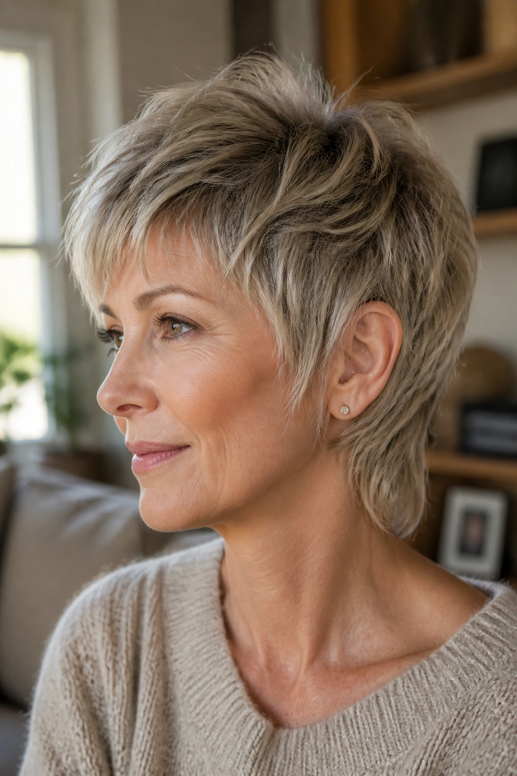 Close-up portrait of a real woman with shag-inspired pixie mullet showing loose movement and soft crown in warm window light