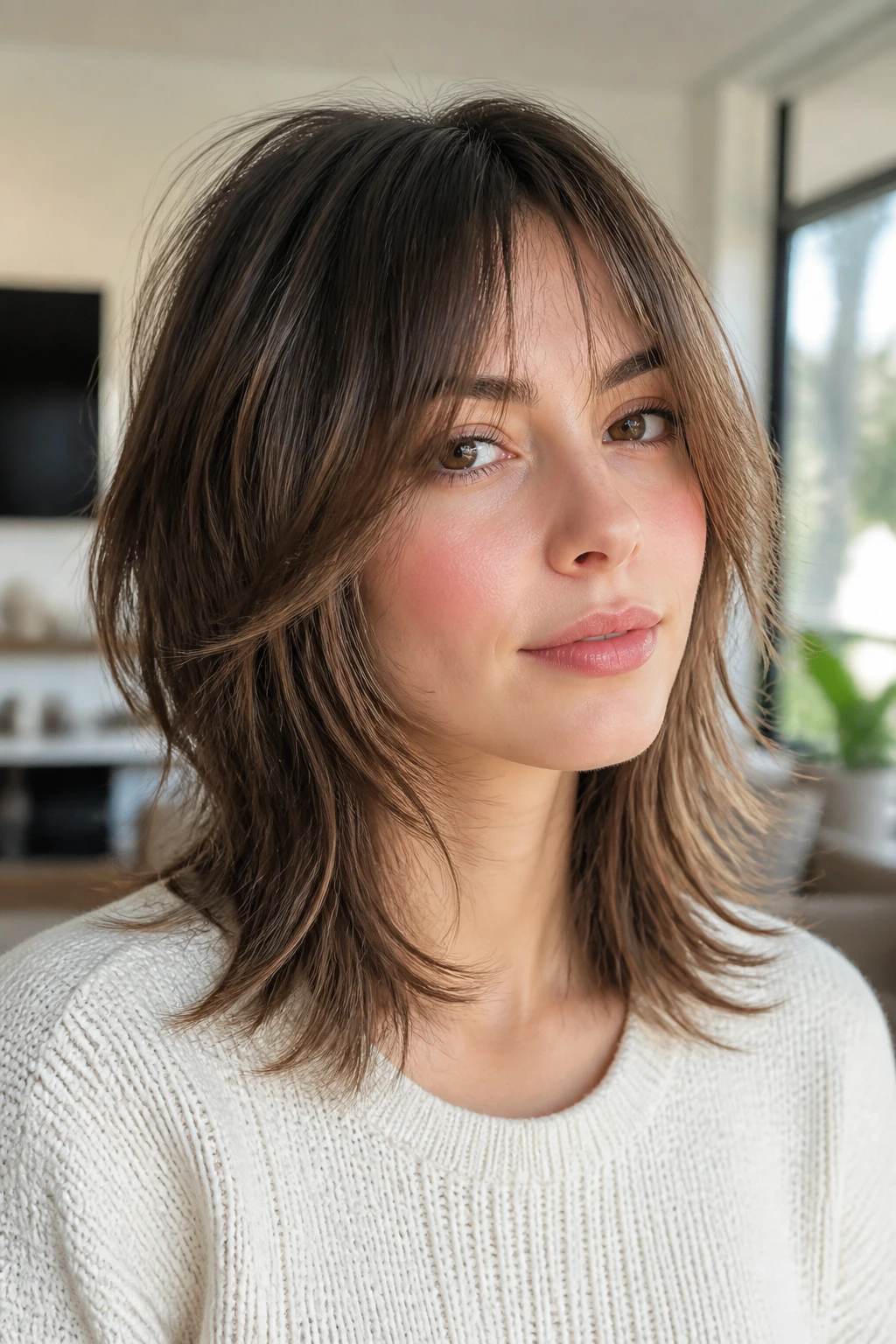 Real person with airy shag and razored ends in natural light