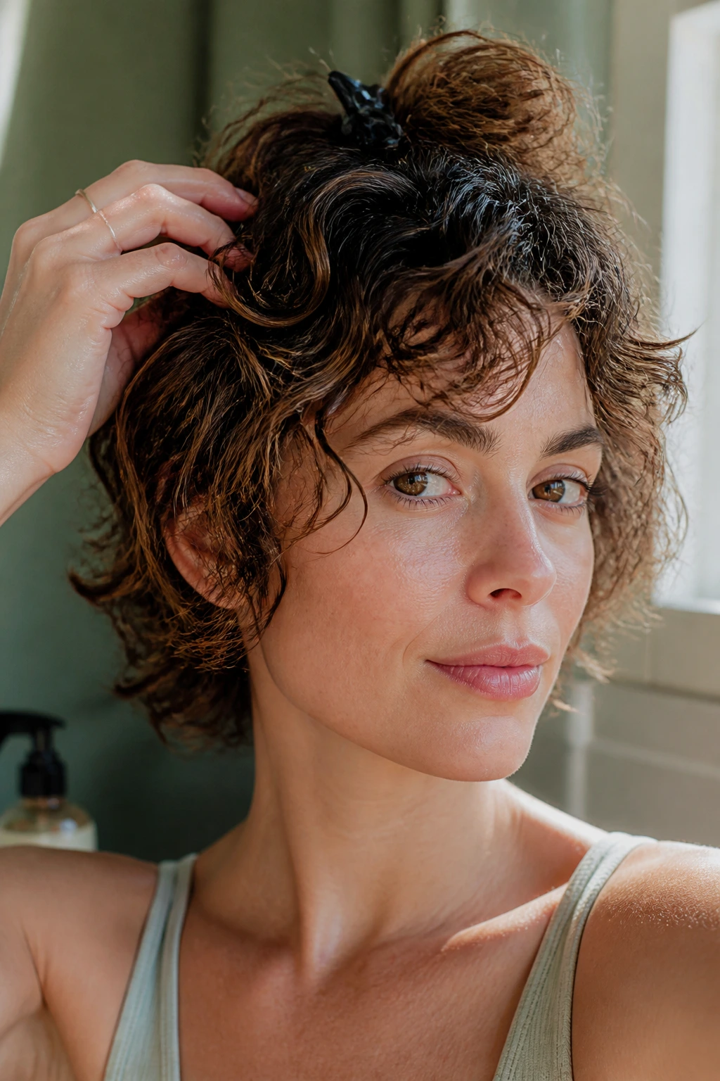 Close-up of a real woman with short curly shag using a clip to refresh crown between washes