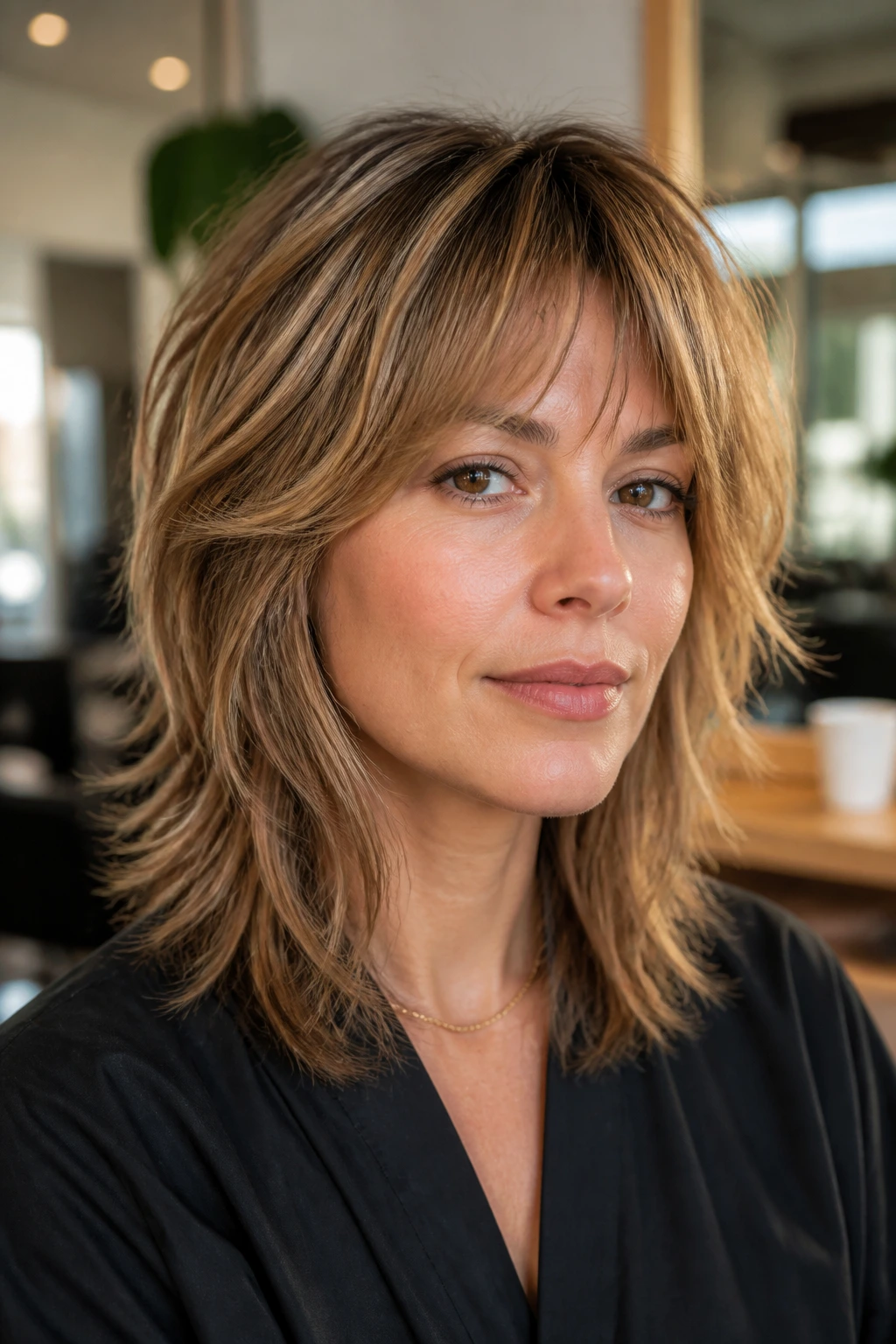 Close-up of a woman with a modern shag haircut in a salon, showing crown lift and face-framing layers