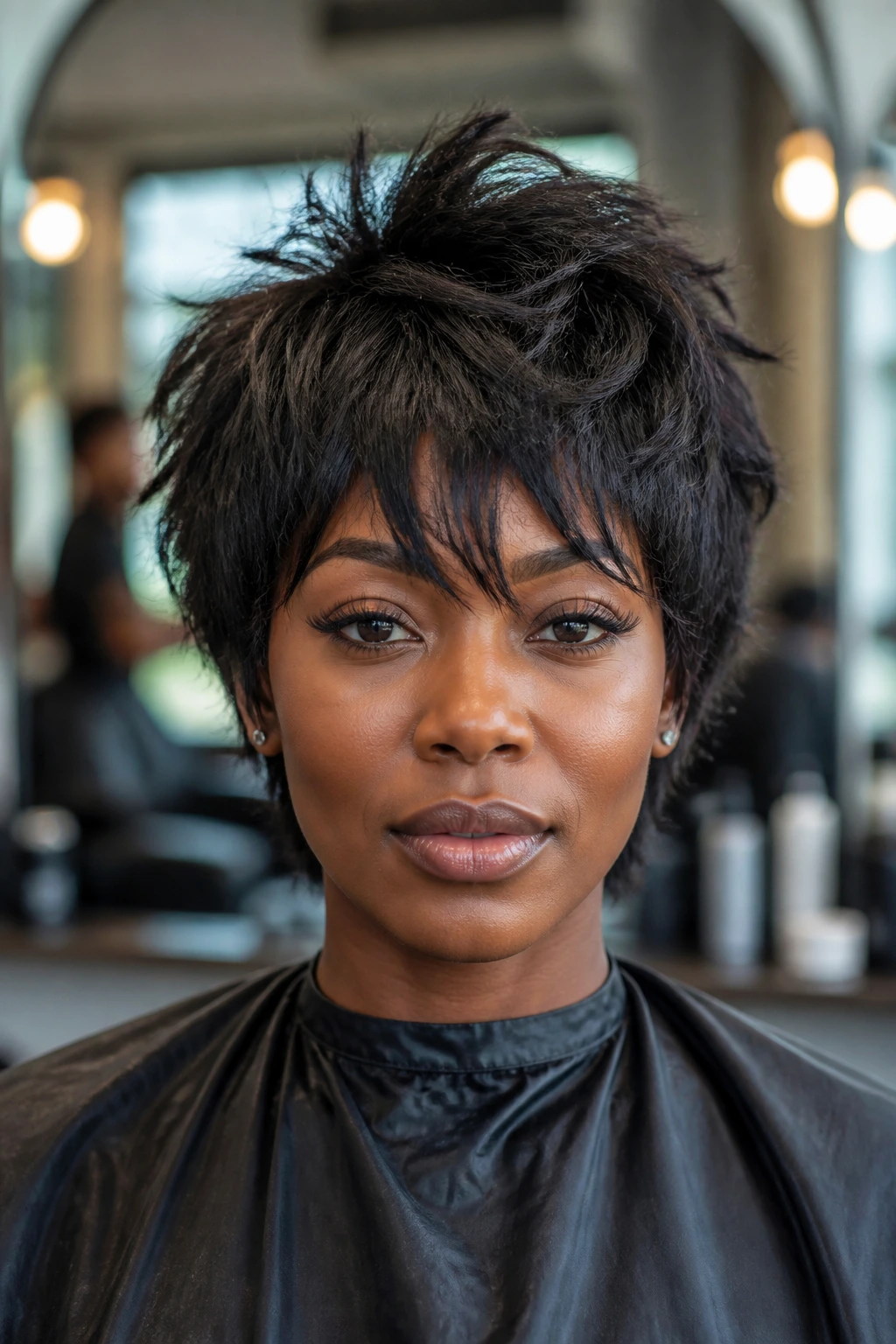 Portrait of a real Black woman showing the right short-shag silhouette in a salon