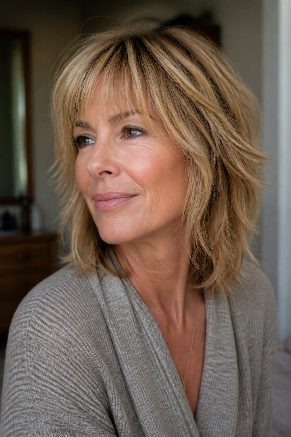 Close-up of a woman's shag maintaining shape between cuts with lifted crown and smooth fringe.