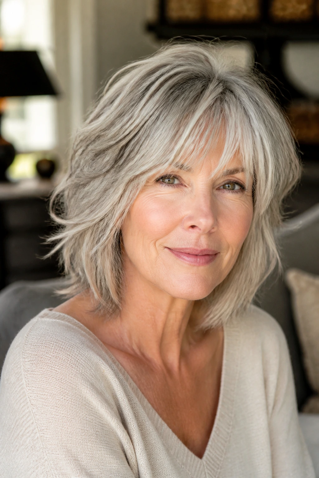 Portrait of an older woman with a well-shaped shag haircut.