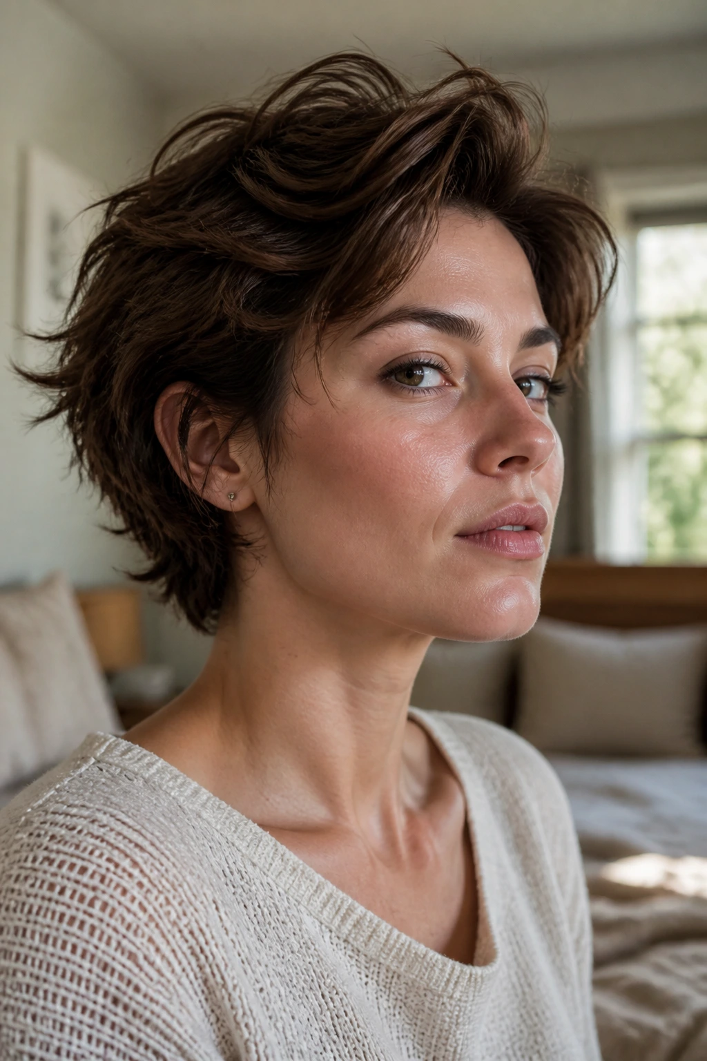 Close-up of a real person with short shag shape on square face
