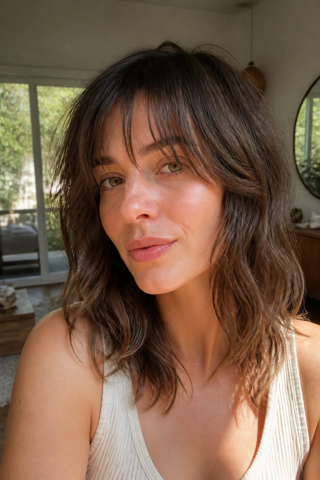 Real woman with shaggy shoulder-length cut and airy fringe portrait