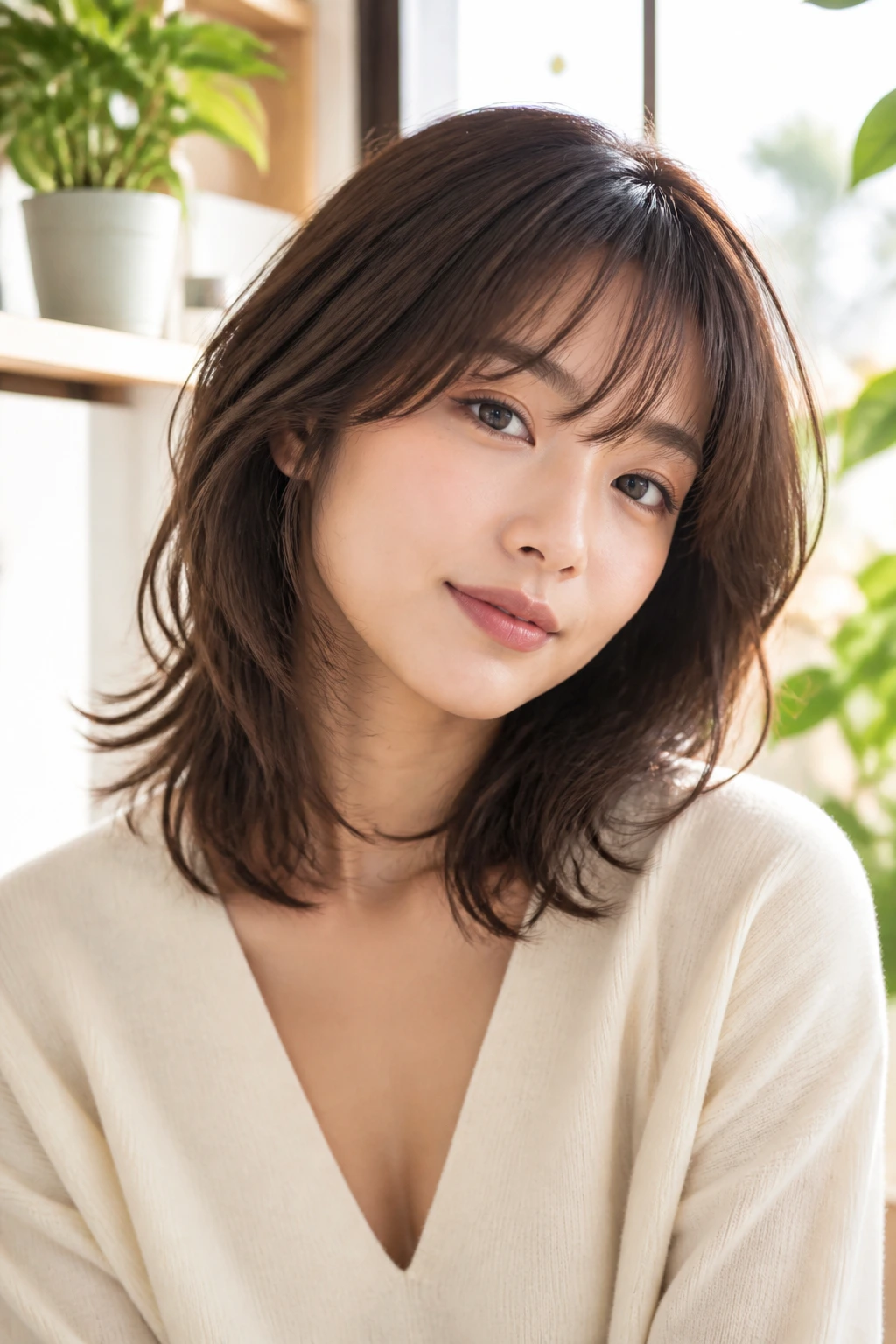 Portrait of a woman with shag-soft lob and wispy bangs